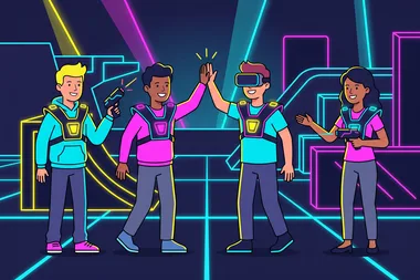 Illustration, mit KI erstellt: Team klatscht sich beim Lasertag ab