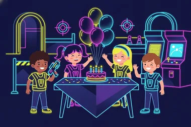 Illustration, mit KI erstellt: Kindergeburtstag mit Torte und Lasertag-Westen