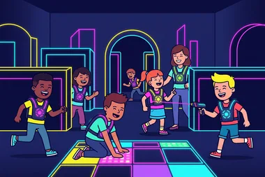 Illustration, mit KI erstellt: Schulklasse beim Lasertag und auf dem Lightjumper