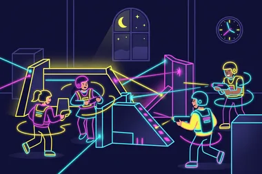 Illustration, mit KI erstellt: Gruppe allein in der Lasertag-Arena bei Nacht