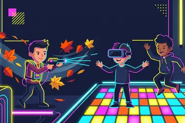 Illustration, mit KI erstellt: Kinder beim Lasertag, in VR und auf dem Lightjumper im Herbstlaub