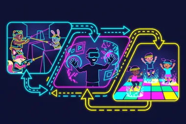 Illustration, mit KI erstellt: Lasertag, VR und Lightjumper als Combo